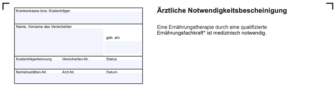 Seitenkopf der Ärztlichen Notwendigkeitsbescheinigung für die Verordnung einer qualifizierten Ernährungstherapie